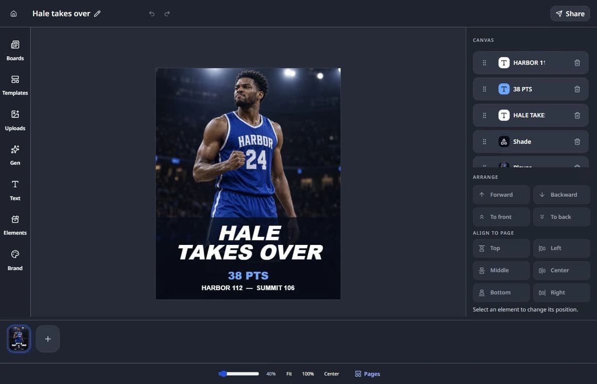 Semlens editor showing a blue Harbor jersey player graphic with Hale Takes Over, 38 PTS, and the Harbor 112–Summit 106 score.