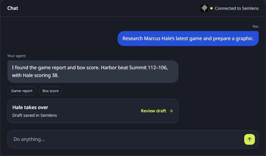 Illustrative MCP chat researching Marcus Hale’s latest game and saving a Hale Takes Over draft in Semlens.